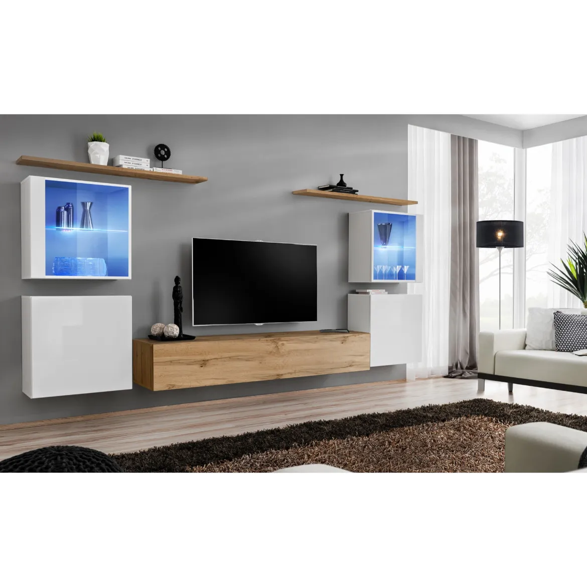 Regal  Switch XIV 330x40x160 cm+LED bela/natur