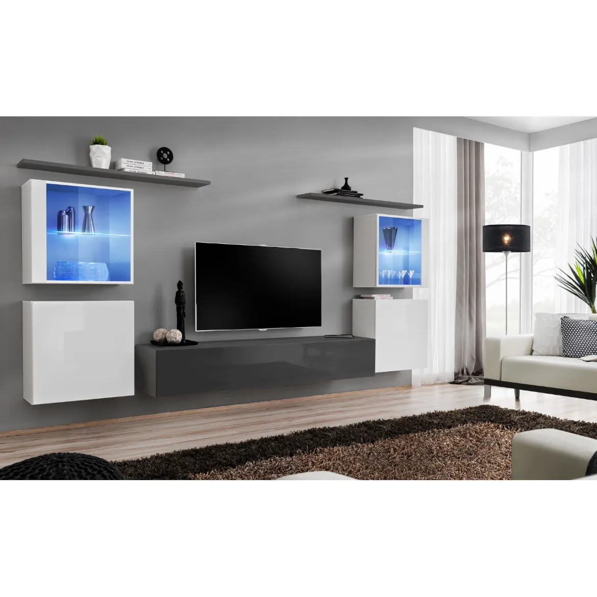 Regal  Switch XIV 330x40x160 cm+LED bela/siva