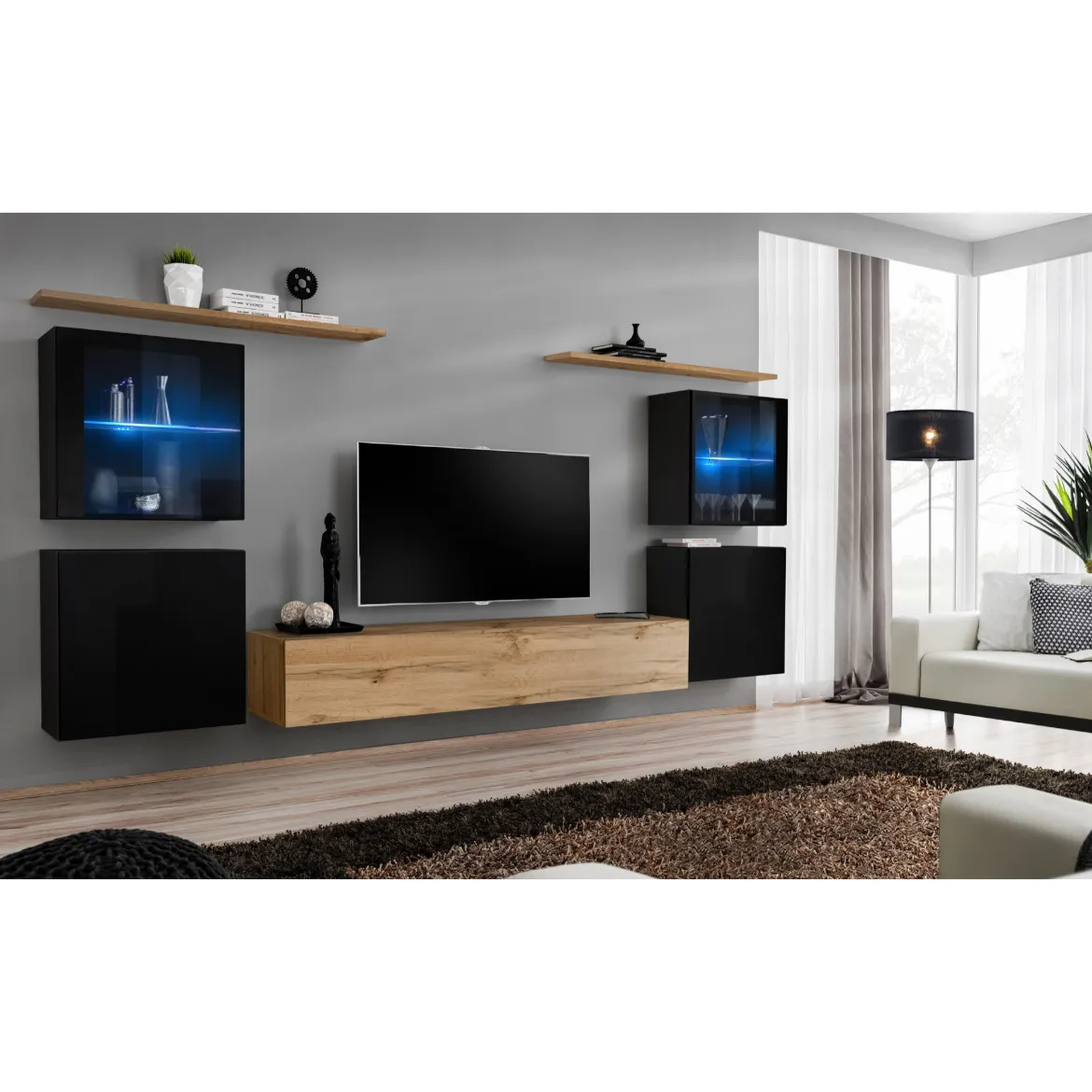 Regal  Switch XIV 330x40x160 cm+LED crna/natur