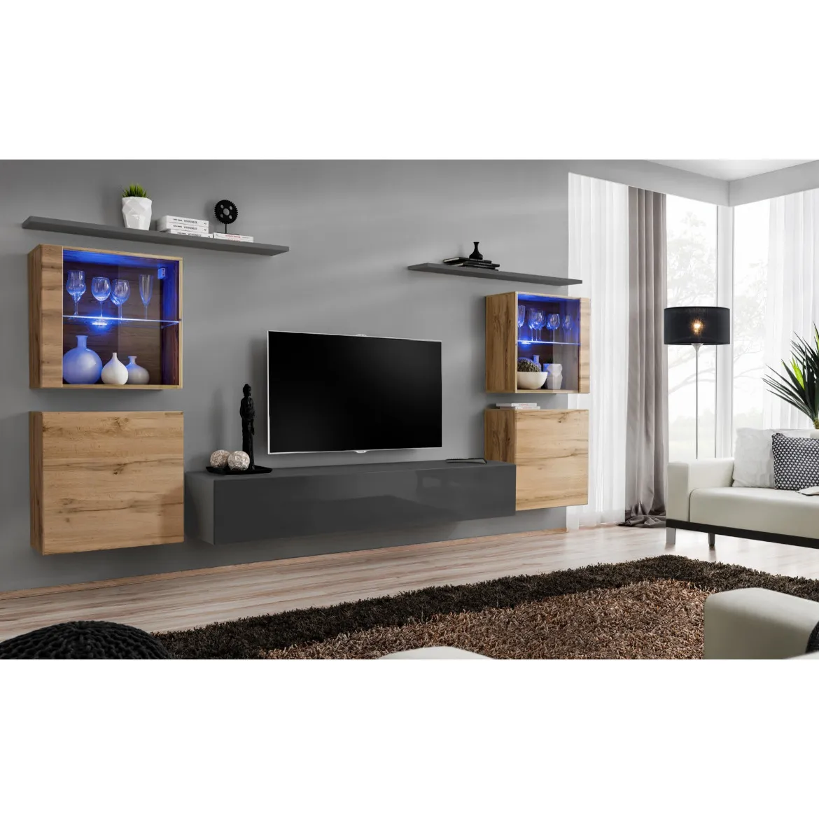 Regal  Switch XIV 330x40x160 cm+LED natur/siva
