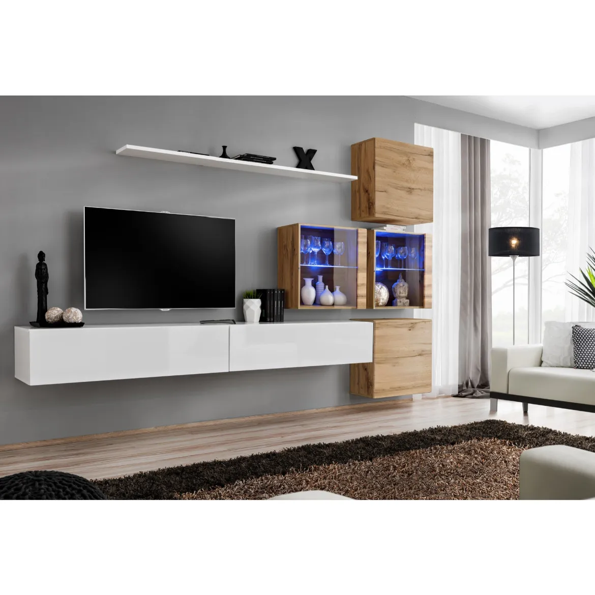 Regal  Switch XIX 280x40x180 cm+LED bela/natur