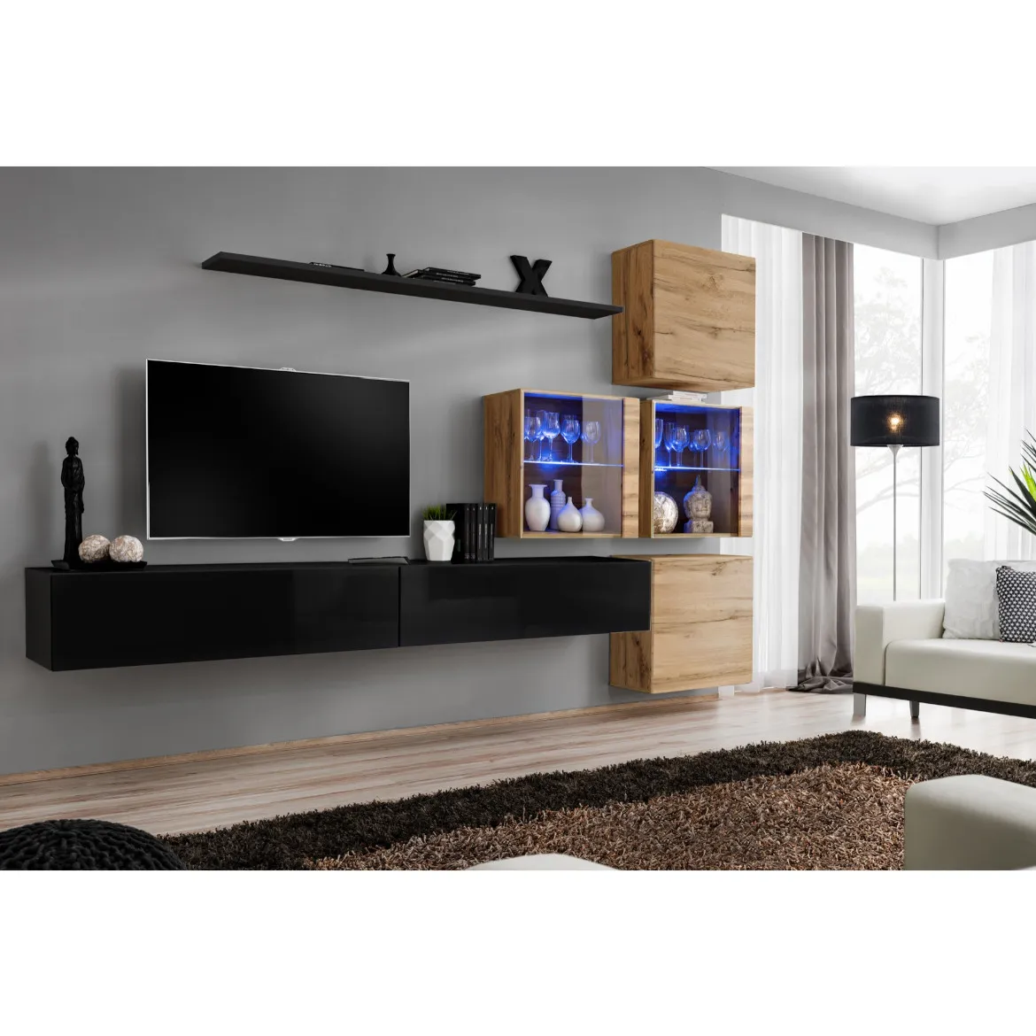 Regal  Switch XIX 280x40x180 cm+LED crna/natur