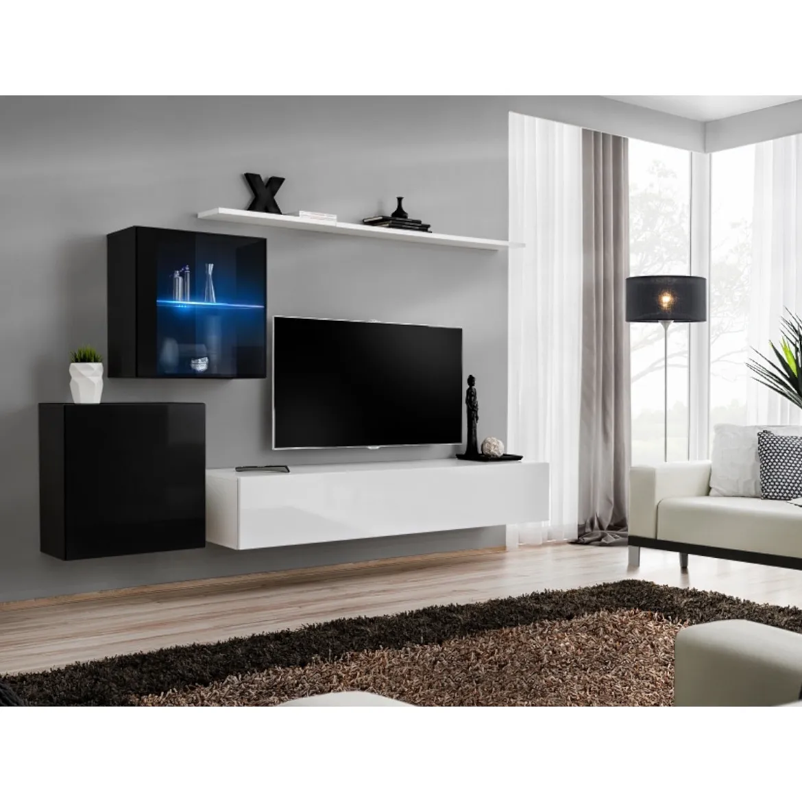 Regal  Switch XV 250x40x150 cm+LED bela/crna