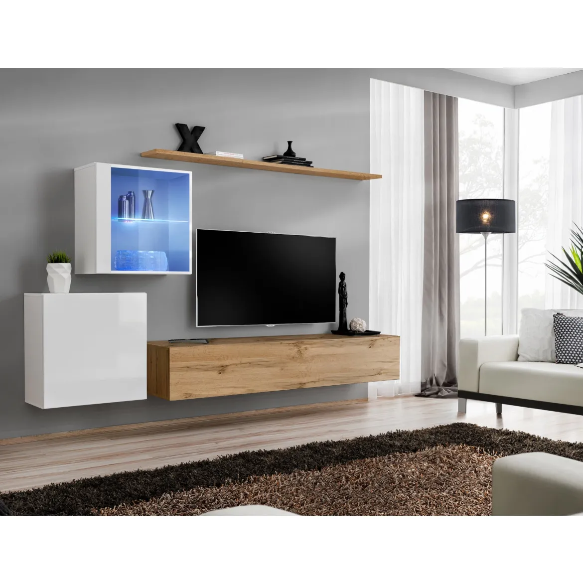 Regal  Switch XV 250x40x150 cm+LED bela/natur