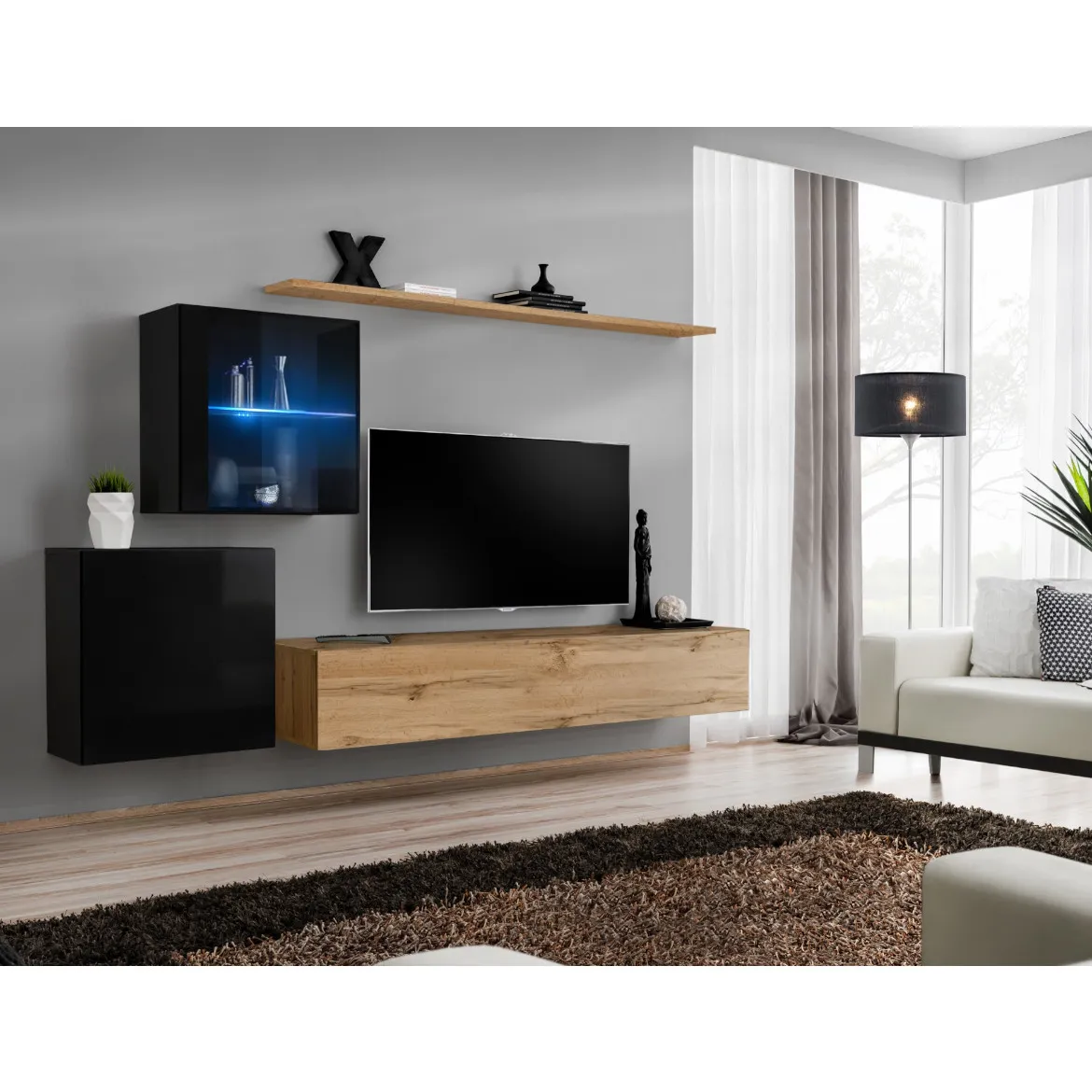 Regal  Switch XV 250x40x150 cm+LED crna/natur