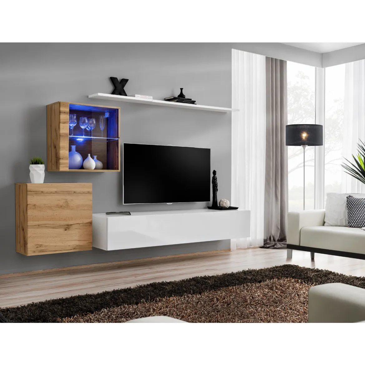 Regal  Switch XV 250x40x150 cm+LED natur/bela