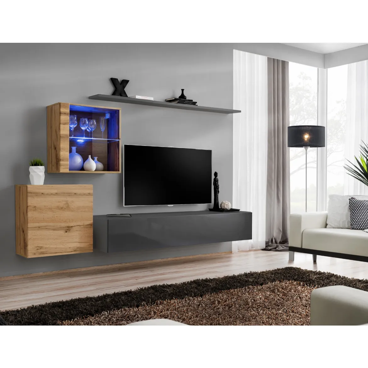 Regal  Switch XV 250x40x150 cm+LED natur/siva