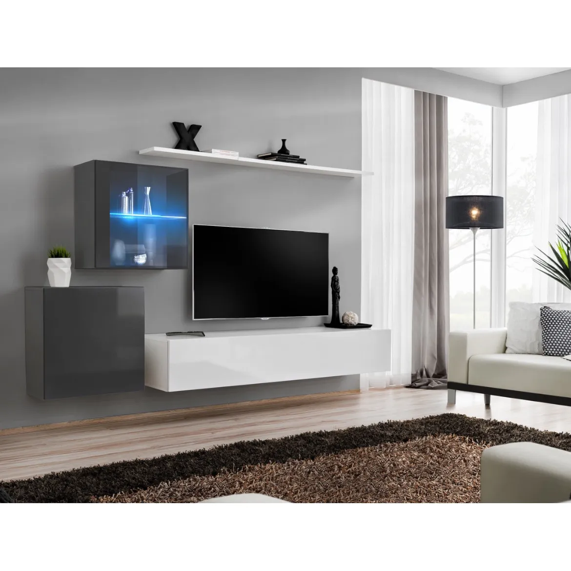 Regal  Switch XV 250x40x150 cm+LED siva/bela