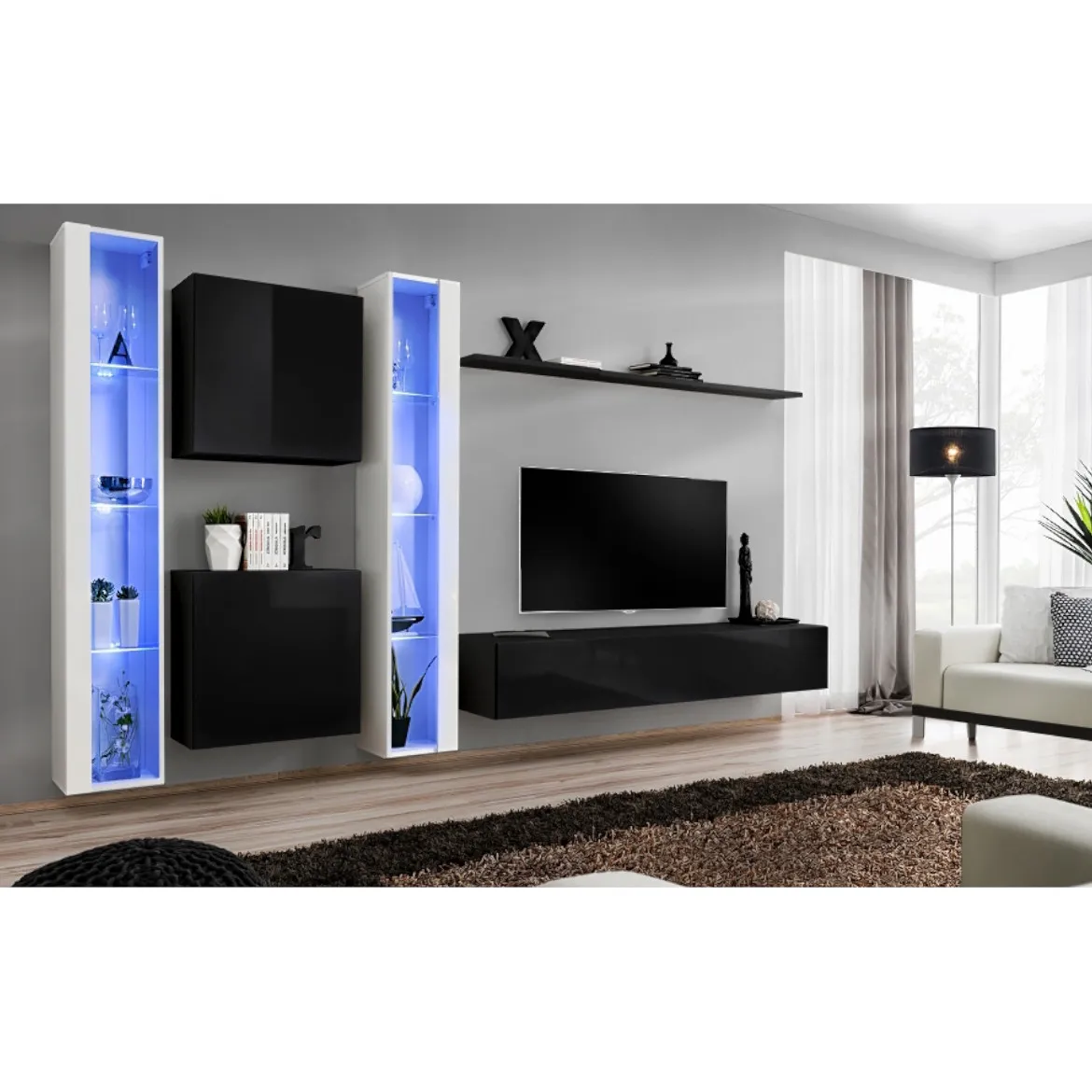 Regal  Switch XVI 330x40x180 cm+LED bela/crna