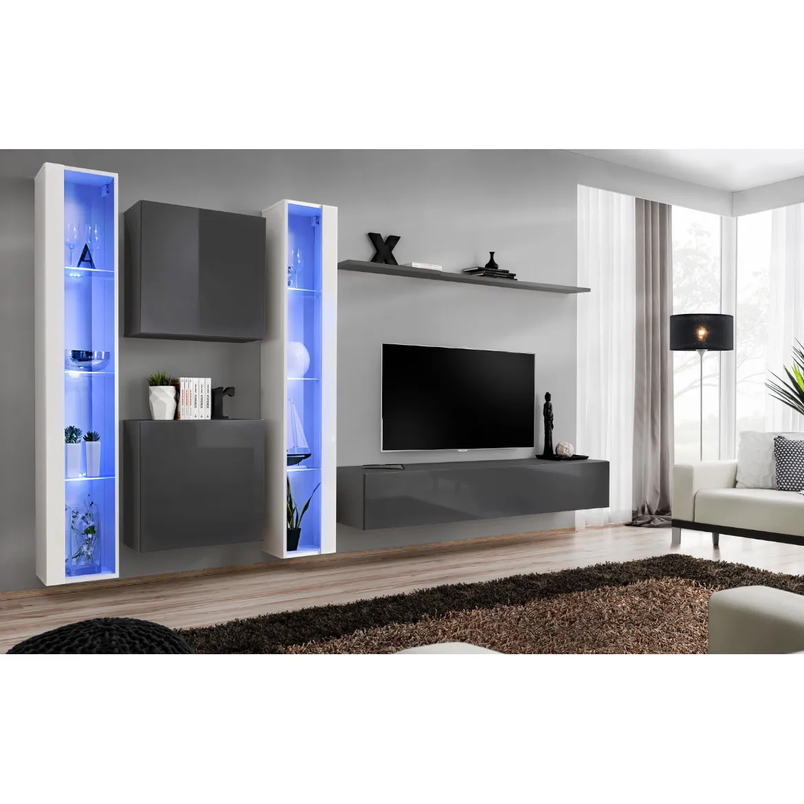Regal  Switch XVI 330x40x180 cm+LED bela/siva