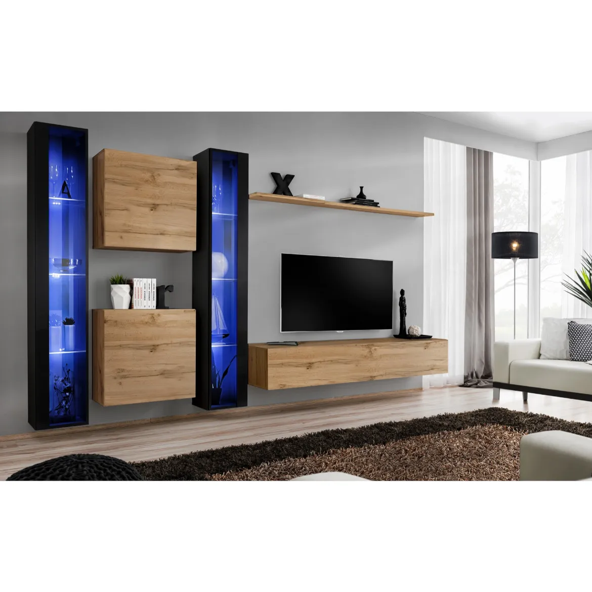 Regal  Switch XVI 330x40x180 cm+LED crna/natur
