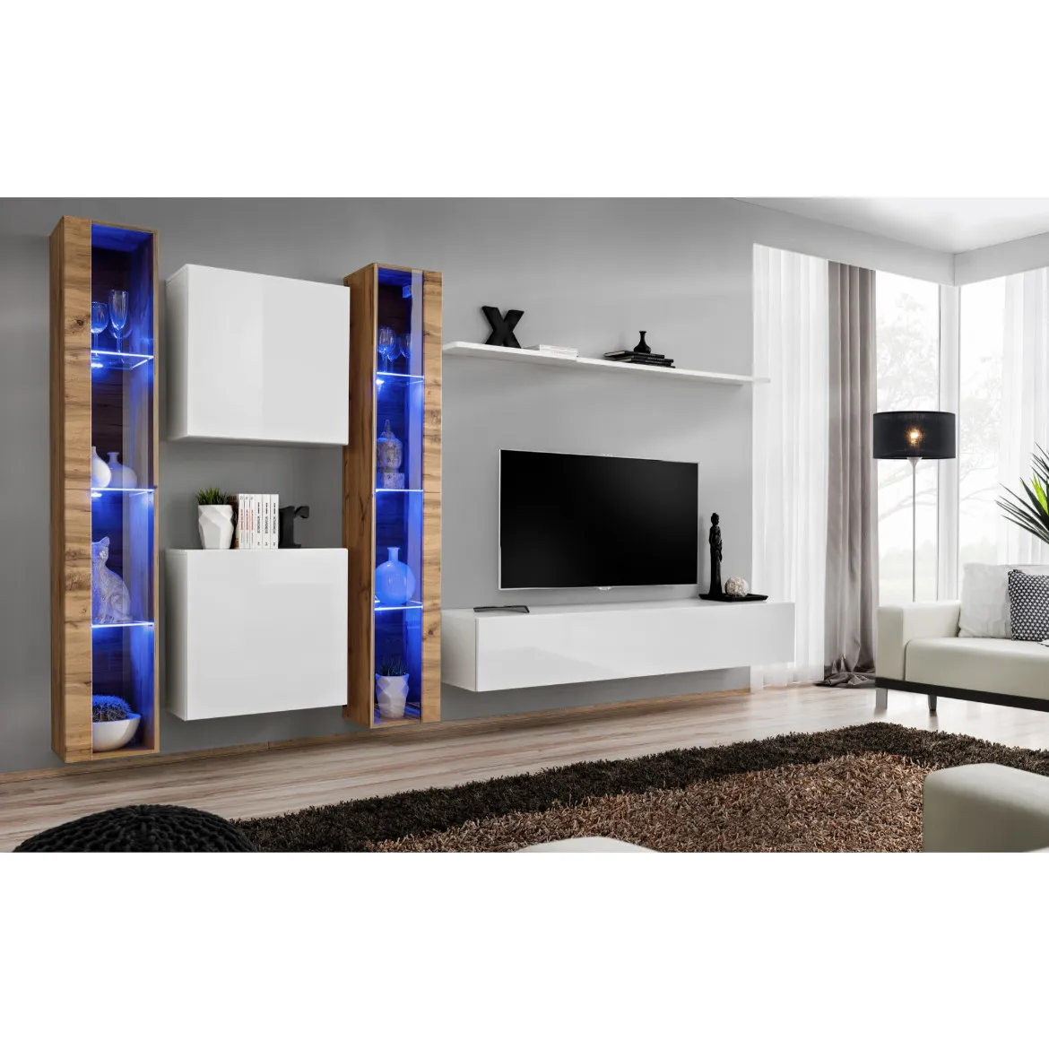 Regal  Switch XVI 330x40x180 cm+LED natur/bela