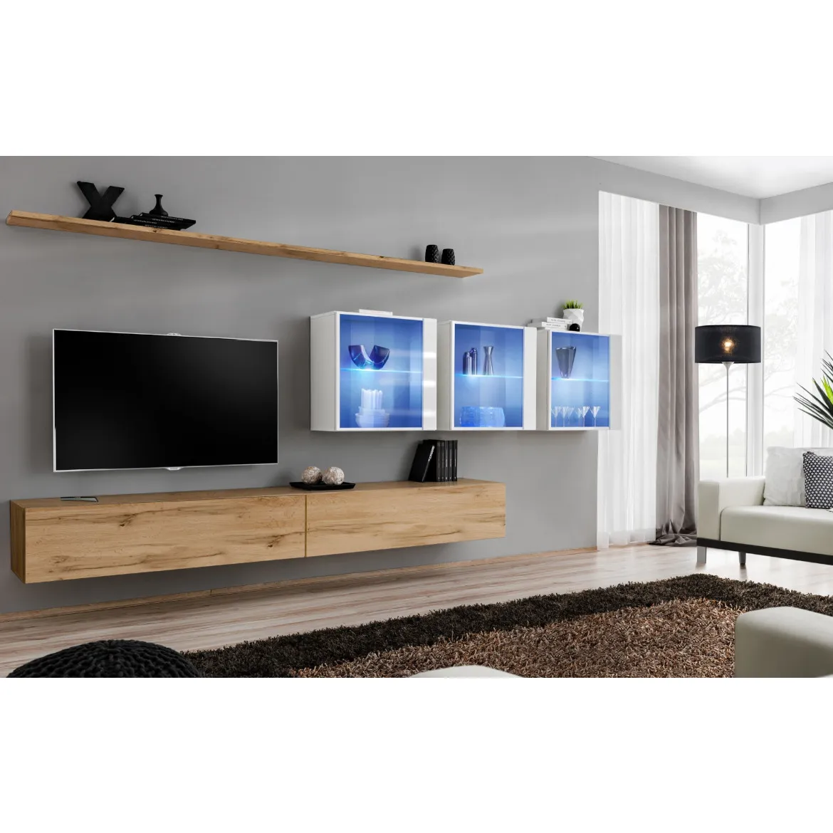 Regal  Switch XVII 330x40x150 cm+LED bela/natur