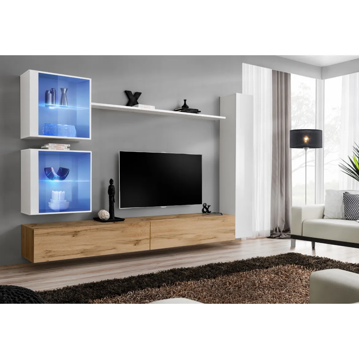 Regal  Switch XVIII 280x40x180 cm+LED bela/natur