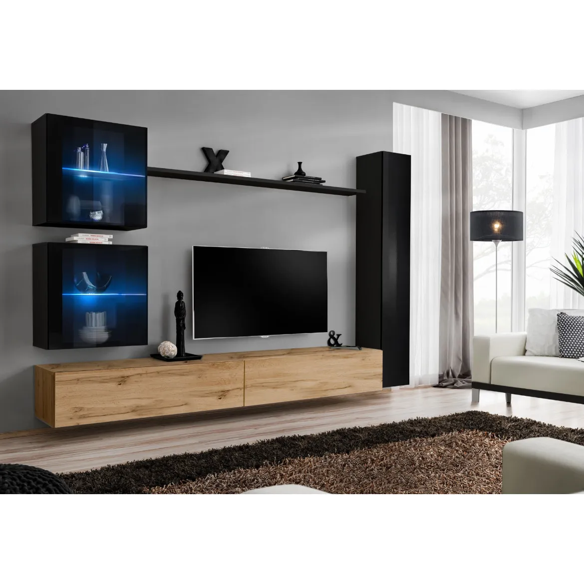 Regal  Switch XVIII 280x40x180 cm+LED crna/natur