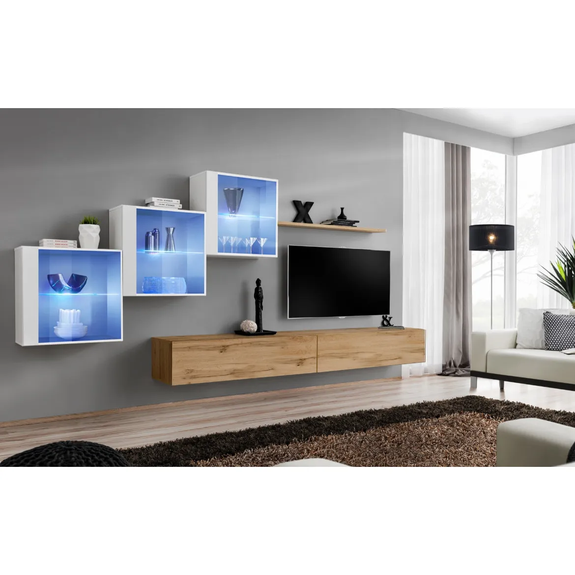Regal  Switch XX 330x40x160 cm+LED bela/natur