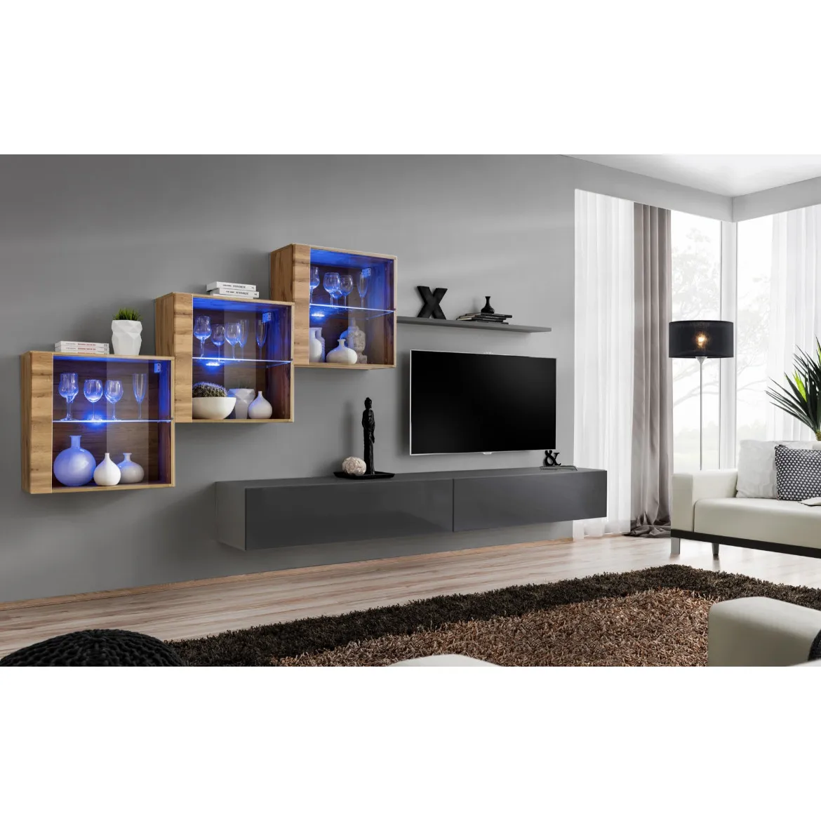 Regal  Switch XX 330x40x160 cm+LED natur/siva
