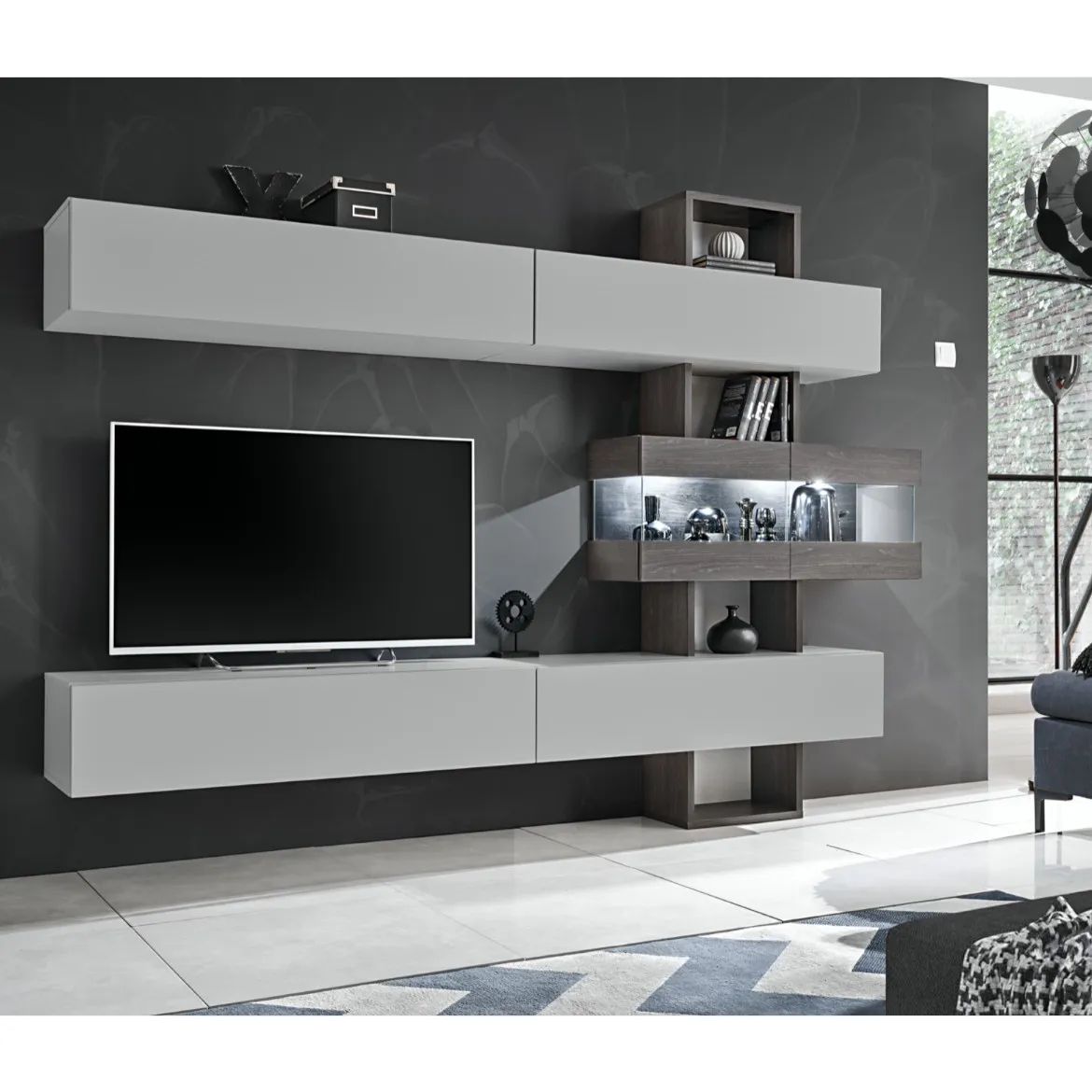 Regal  Tokyo 250x35x180 cm svetlo siva/siva hrast