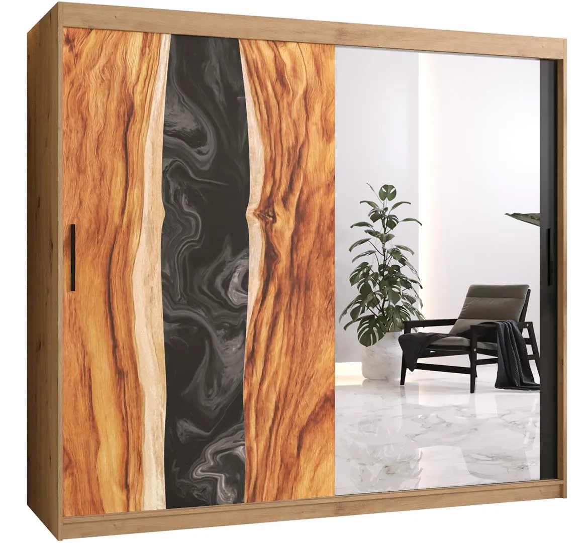 Resin II klizni ormar 2 vrata/ogledalo 200x62x200 cm crni/natur (artisan hrast)motiv godova