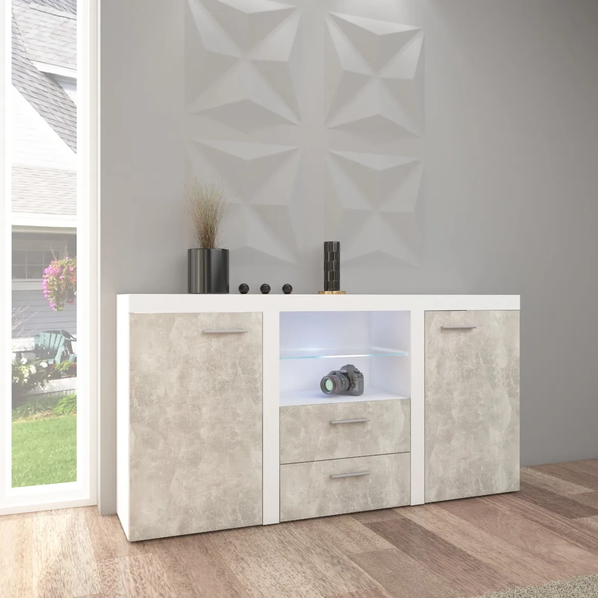 Rumba komoda 2 vrata + 2 fioke+ staklena polica 156x40x82  bela/beton