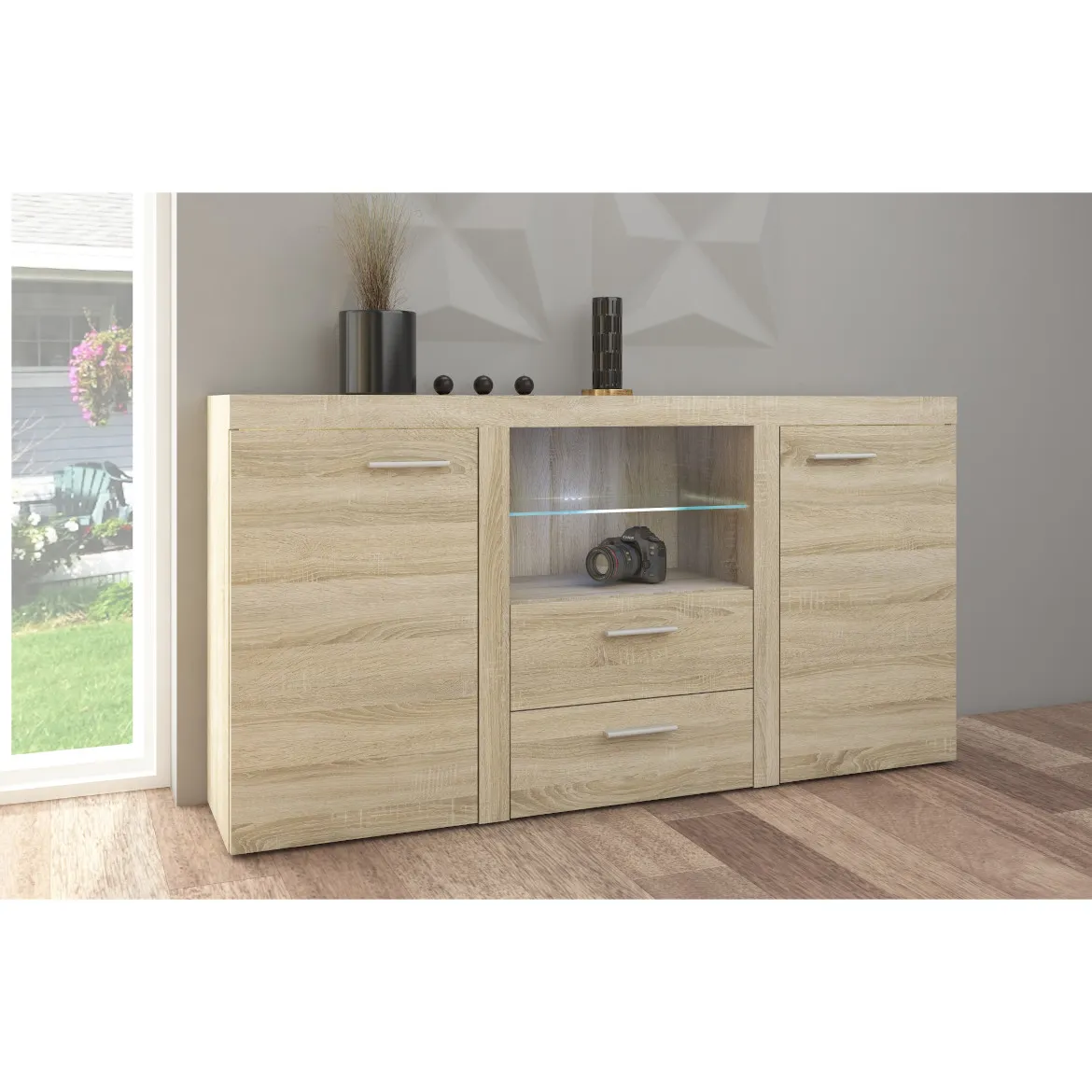 Rumba komoda 2 vrata + 2 fioke + staklena polica 156x40x82  natur (sonoma hrast)