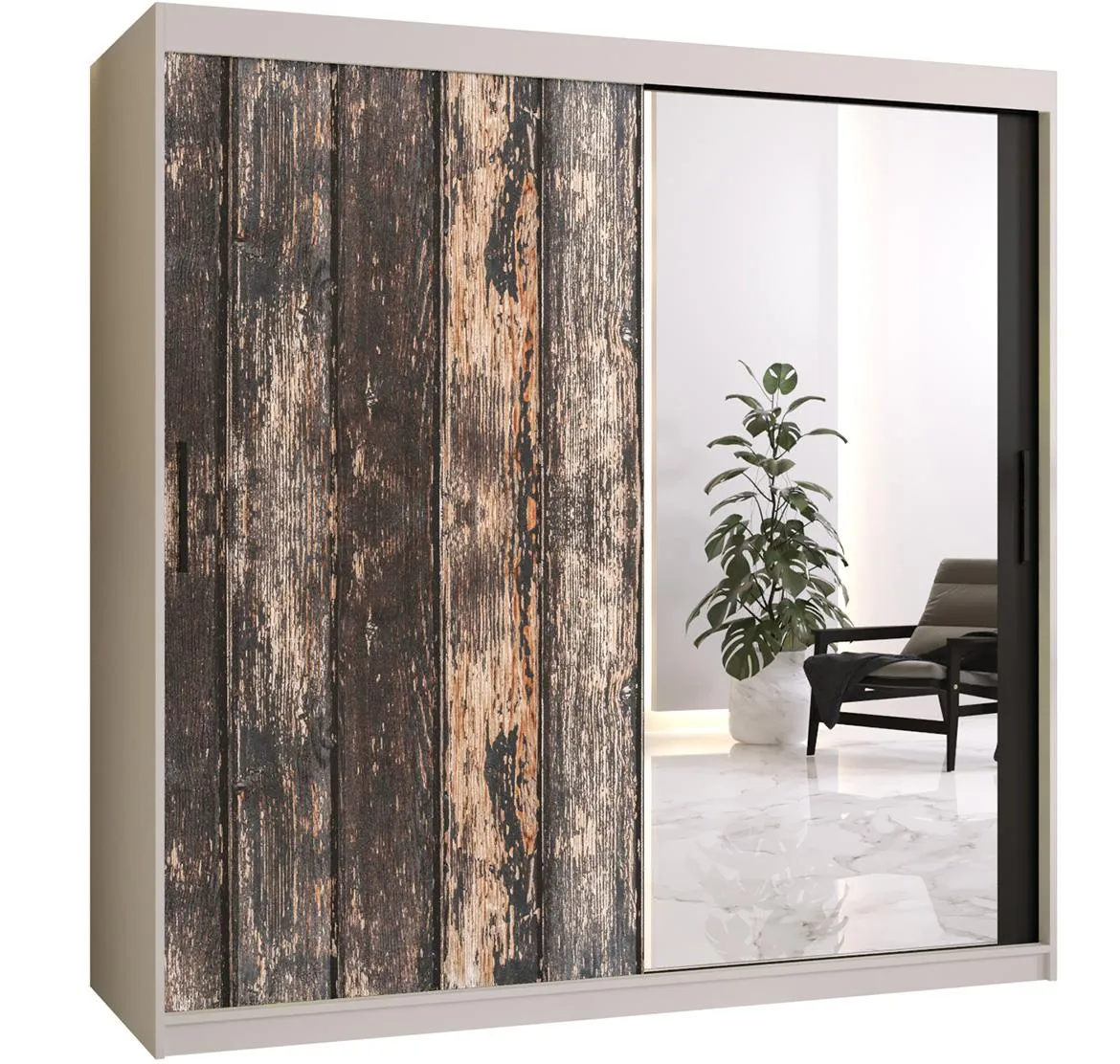Rustic II klizni ormar 2 vrata/ogledalo 180x62x200 cm rustik drvo/crno/beli