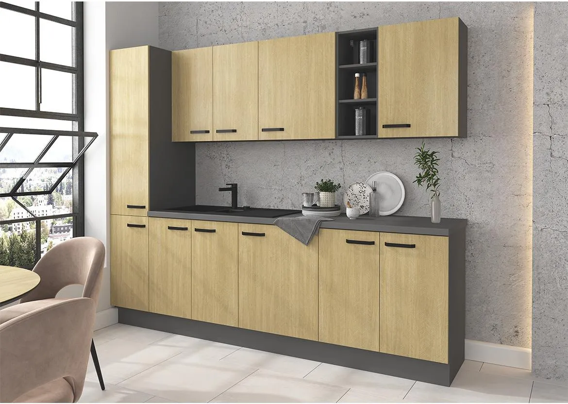 Scandi kuhinja bez radne ploce 260x57x215 cm natur/tamno siva