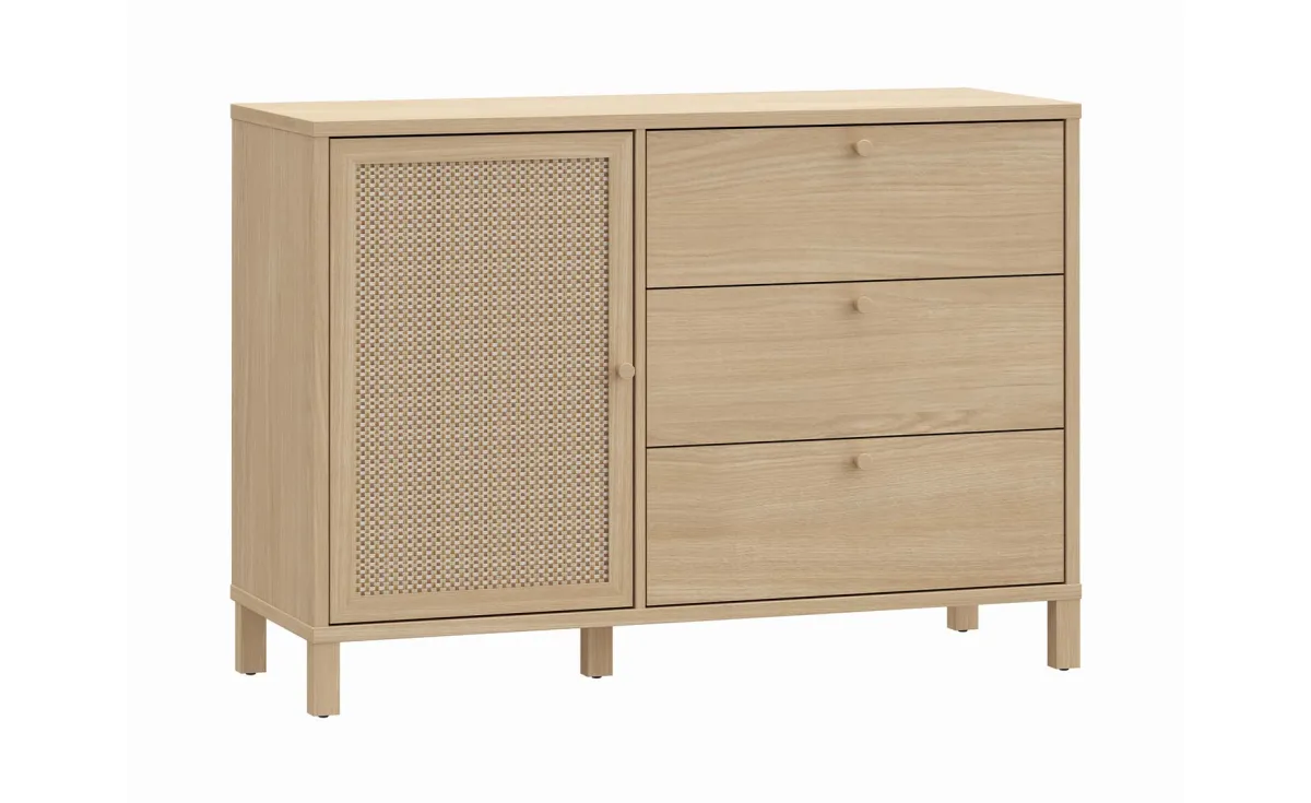 SKELBIT KOMODA 1 VRATA+ 3 FIOKE 116,3x42x82,5 cm HRAST/RATTAN