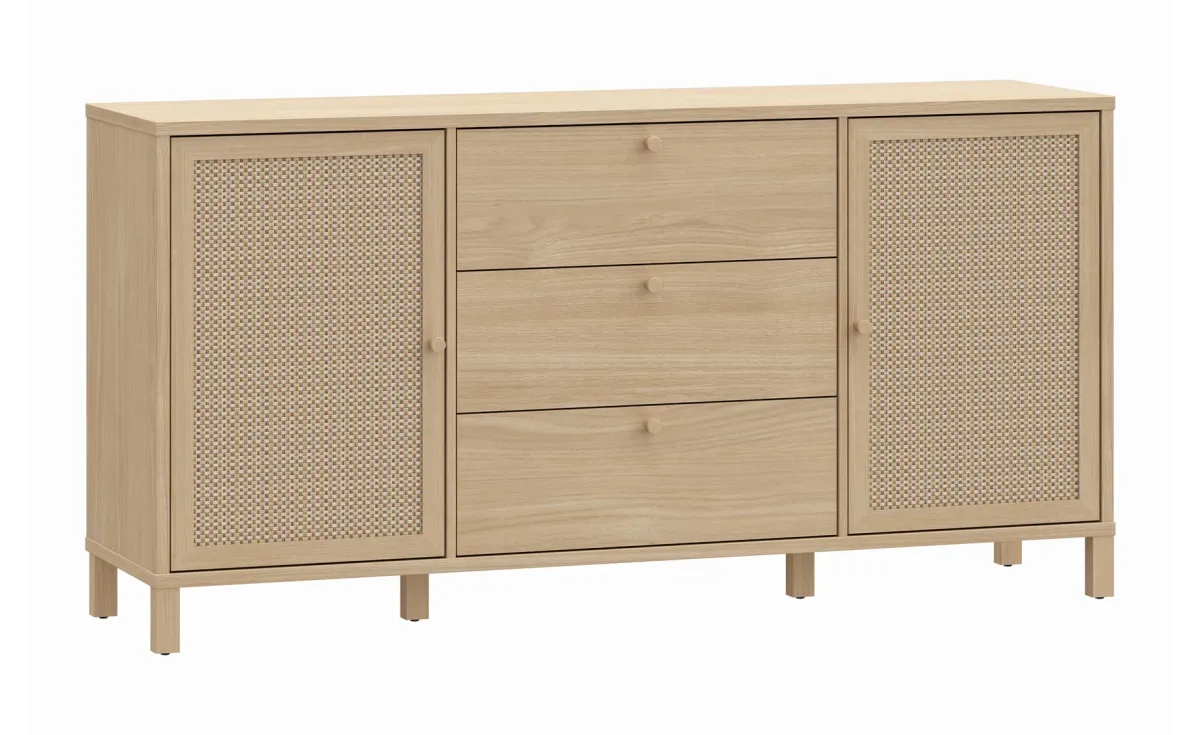 SKELBIT KOMODA 2 VRATA + 3 FIOKE 162,8x42x82,5 cm HRAST/RATTAN
