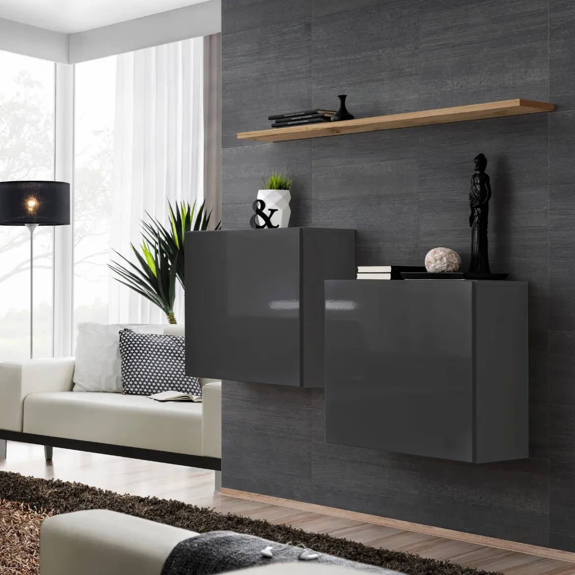 Switch 2 viseca elementa + polica 110x30x130 sivo/natur