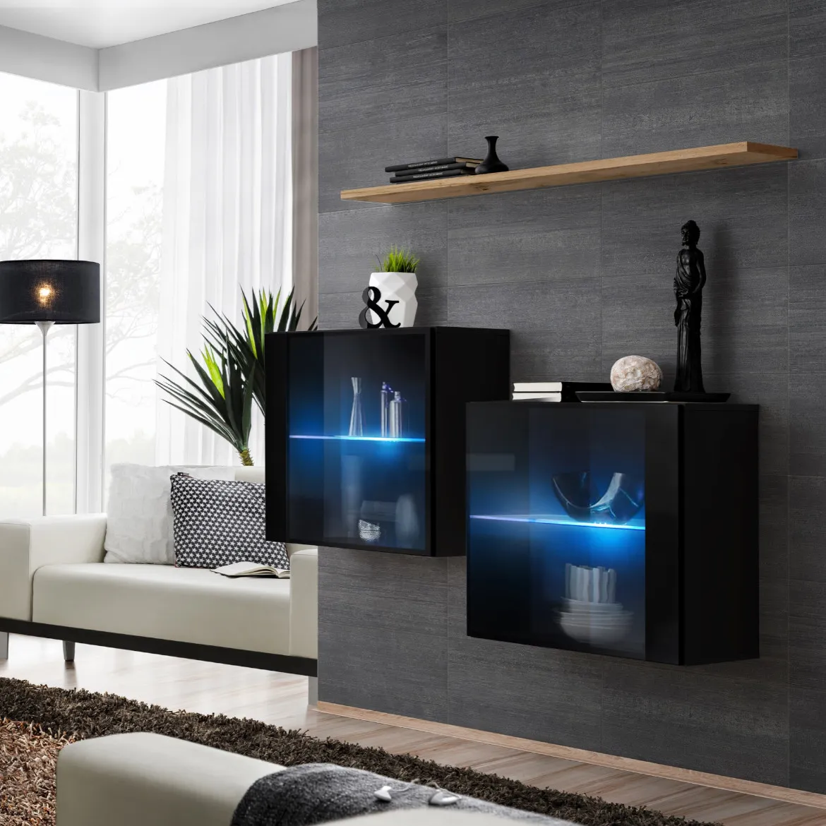 Switch 2 viseca elementa+LED + polica 110x30x130 crno/natur