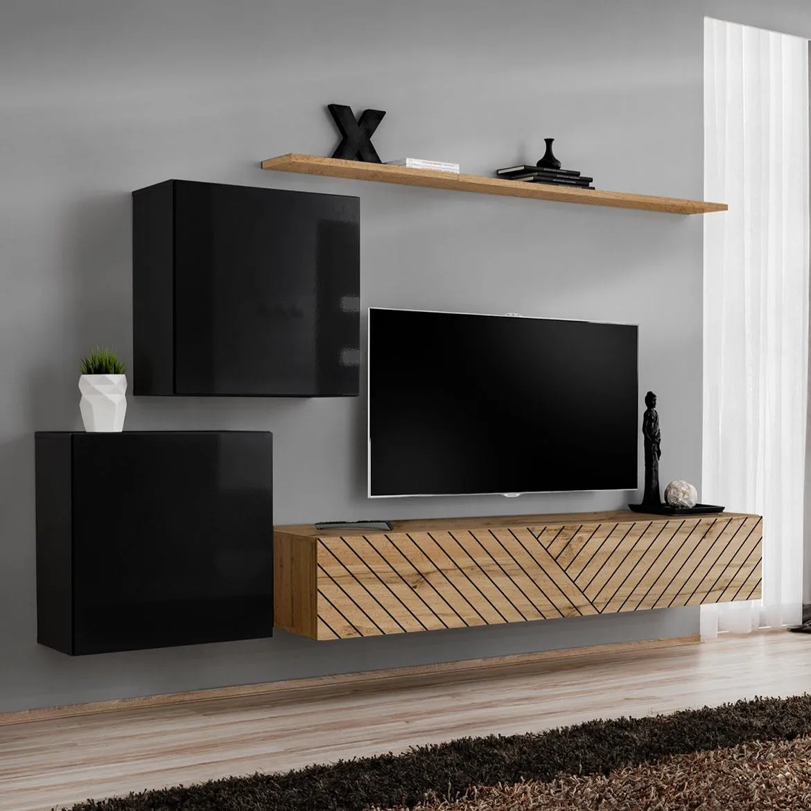 Switch V Line regal 250x40x150 cm crni/hrast wotan