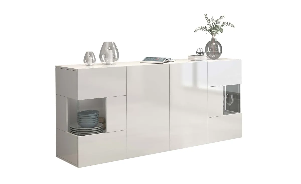 Wallis komoda 2 vrata + 2 staklena vrata 180x40x80 cm bela boja visoki sjaj