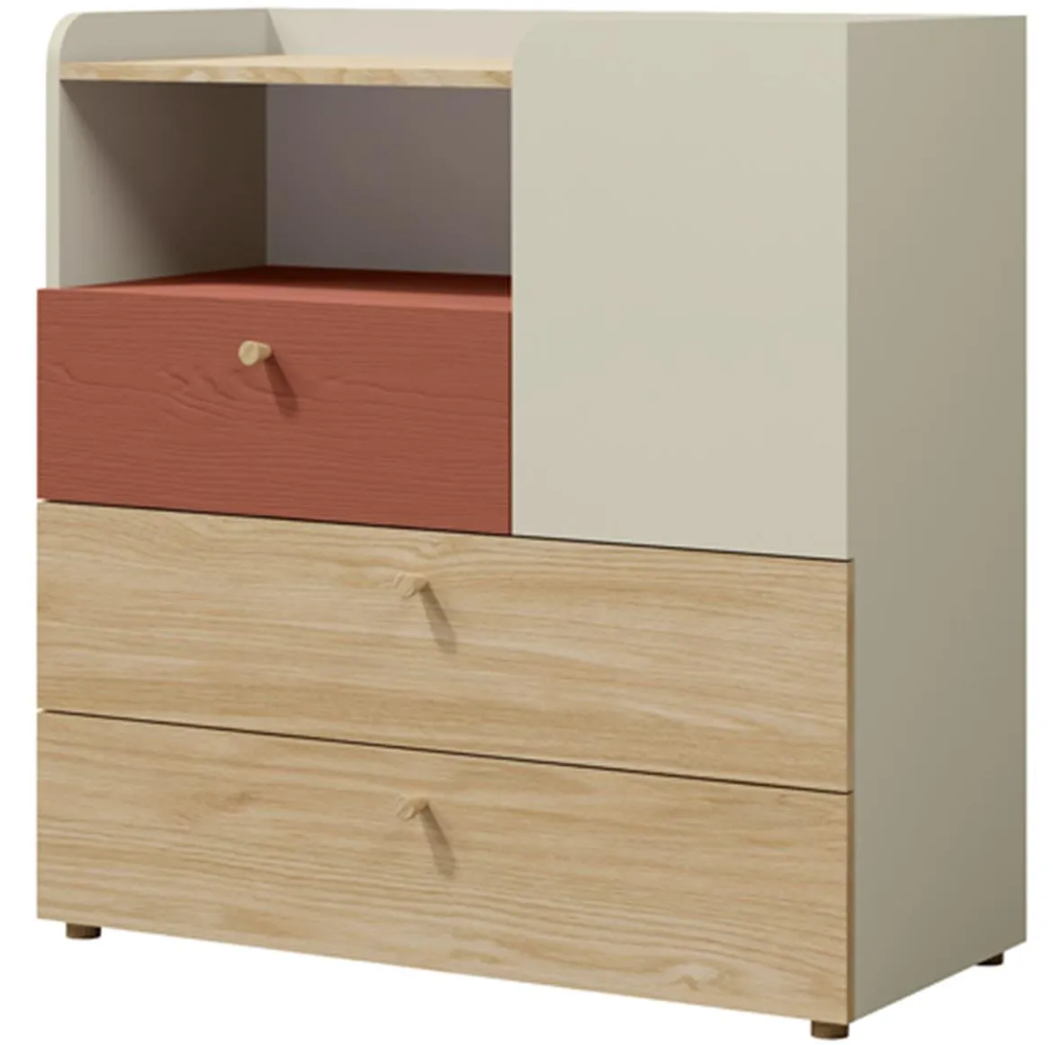 Yuki 10 komoda 1 vrata+3 fioke 90x40x93 cm crvena/bež/hrast