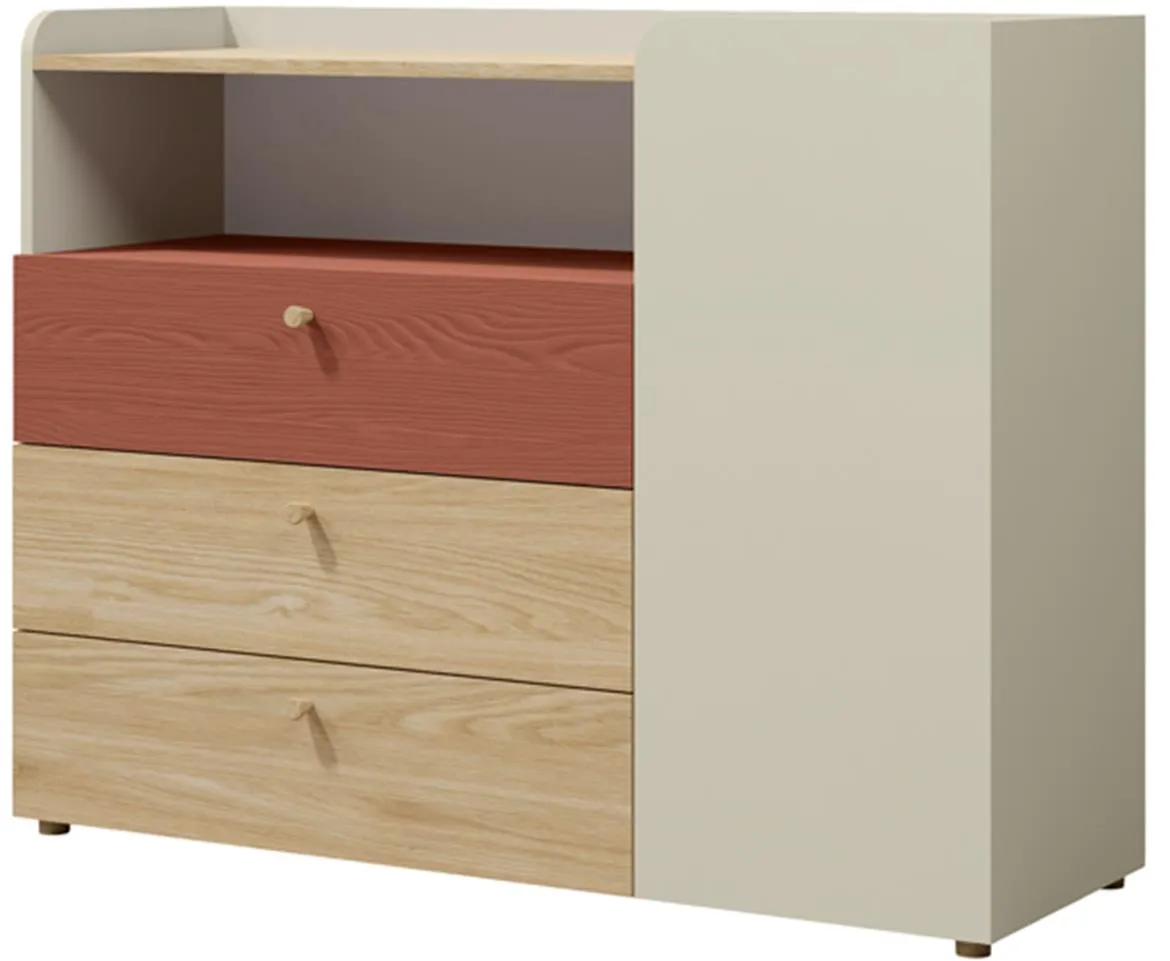 Yuki 9 komoda 1 vrata+3 fioke 120x40x93 cm crvena/bež/hrast