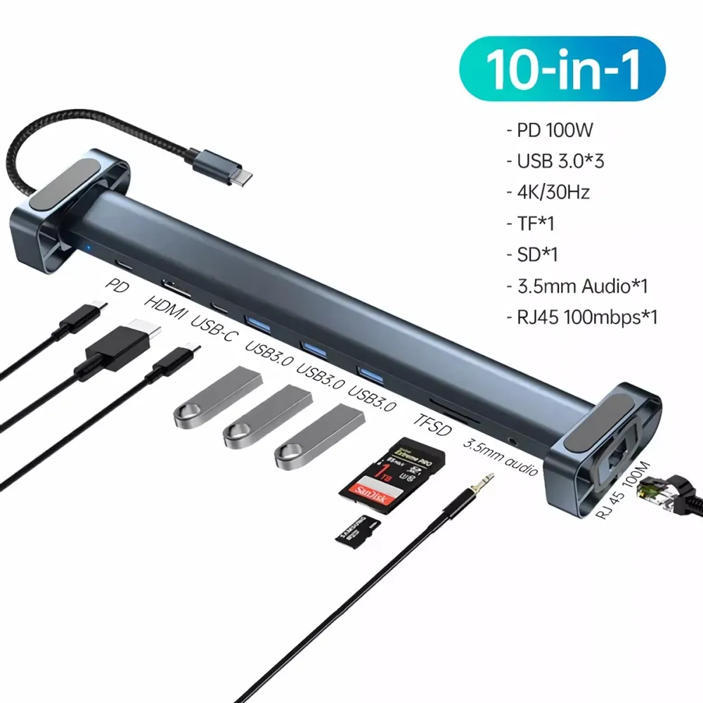 Adapter Type C JWD-TC45 na LAN/ PD/ HDMI/ Type C/ 3x USB 3.0/ SD/ TF/  3.5mm 10 u 1 sivi