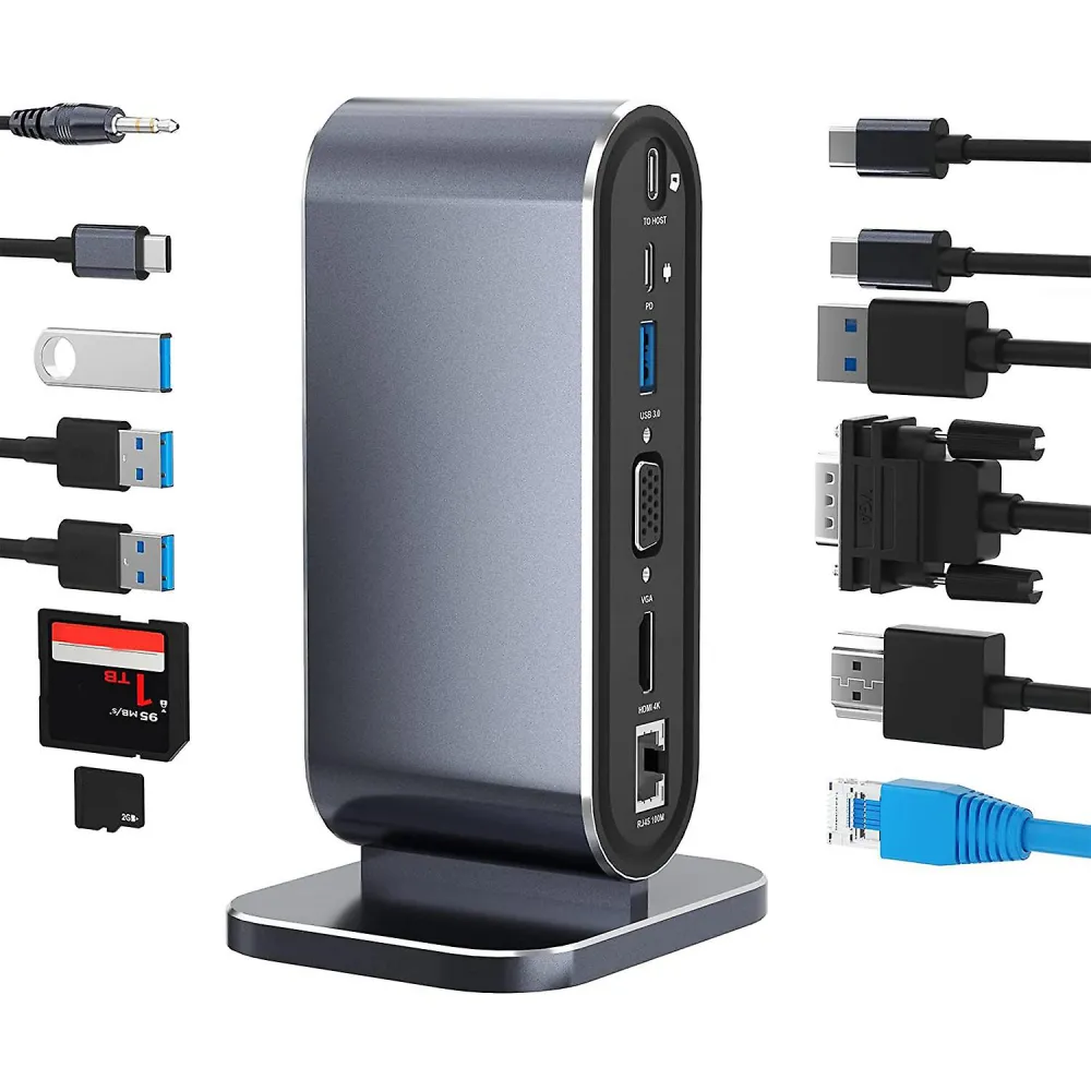Adapter Type C na LAN Gb/ SD card/ TF/ PD/ Type C/ 4xUSB 3.0/ Audio/ HDMI i VGA 12 u 1 sa postoljem
