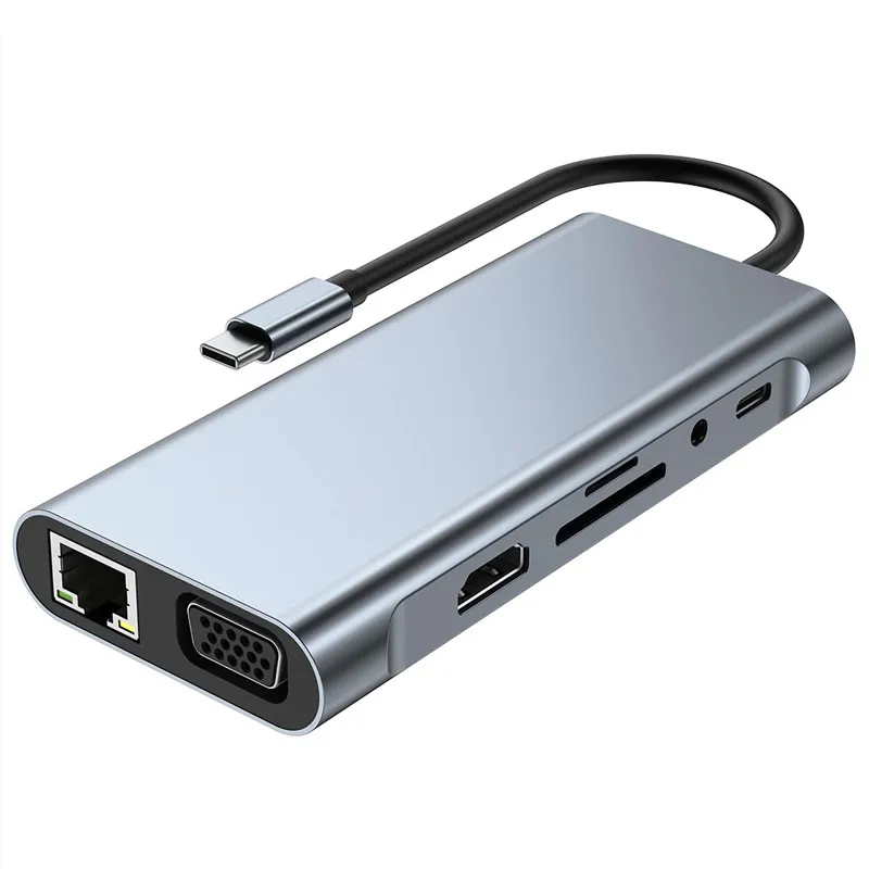 Adapter Type C na LAN Gb/ SD card/ TF/ Type C/ 3xUSB 3.0/ Audio/ HDMI i VGA 10 u 1 20cm kabl