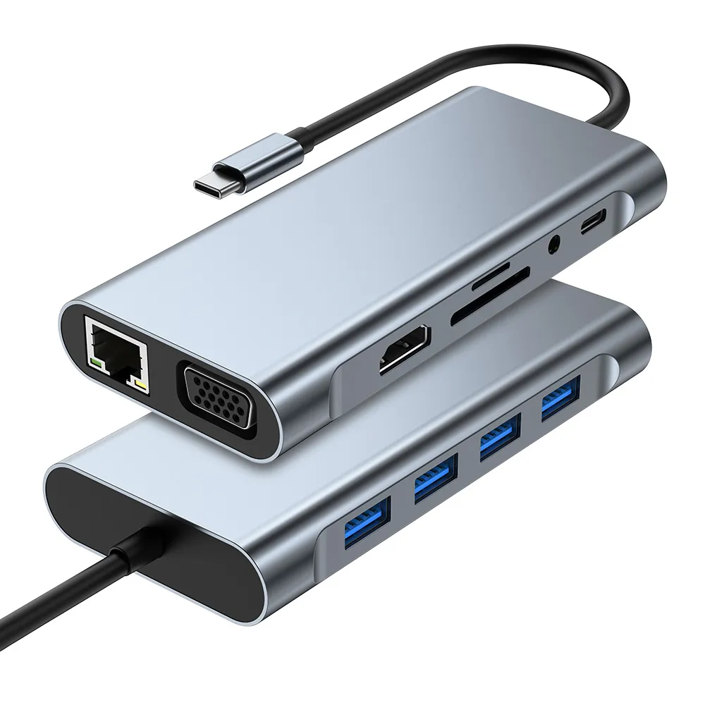 Adapter Type C na LAN Gb/ SD card/ TF/ Type C/ 4xUSB 3.0/ Audio/ HDMI i VGA 11 u 1 20cm kabl