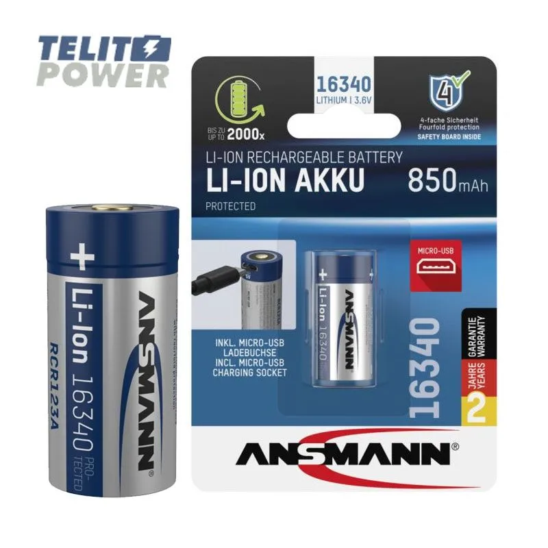 ANSMANN Punjiva Li-Ion 3.6V 850mAh 16340 sa mikro USB ulazom za punjenje RCR123A Ansmann