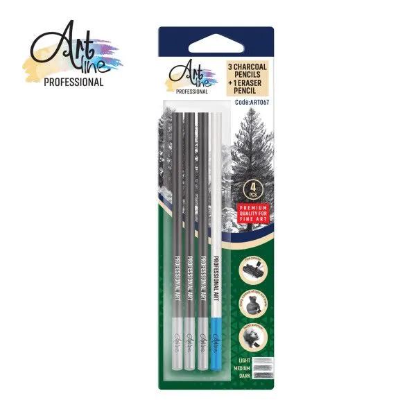 ARTLINE Set umetnički ugljen u olovci i gumica u olovci Light medium dark 4 komada