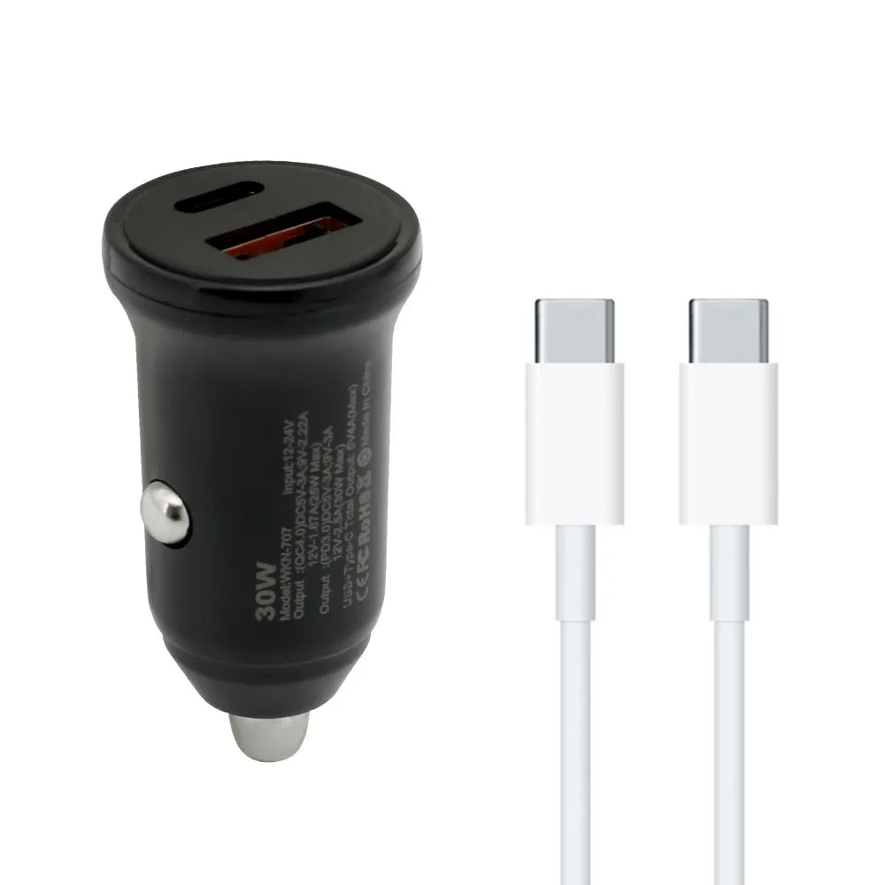 Auto Punjač 30W USB-A + Type-C ulaz sa Type-C na Type-C kablom/ siva