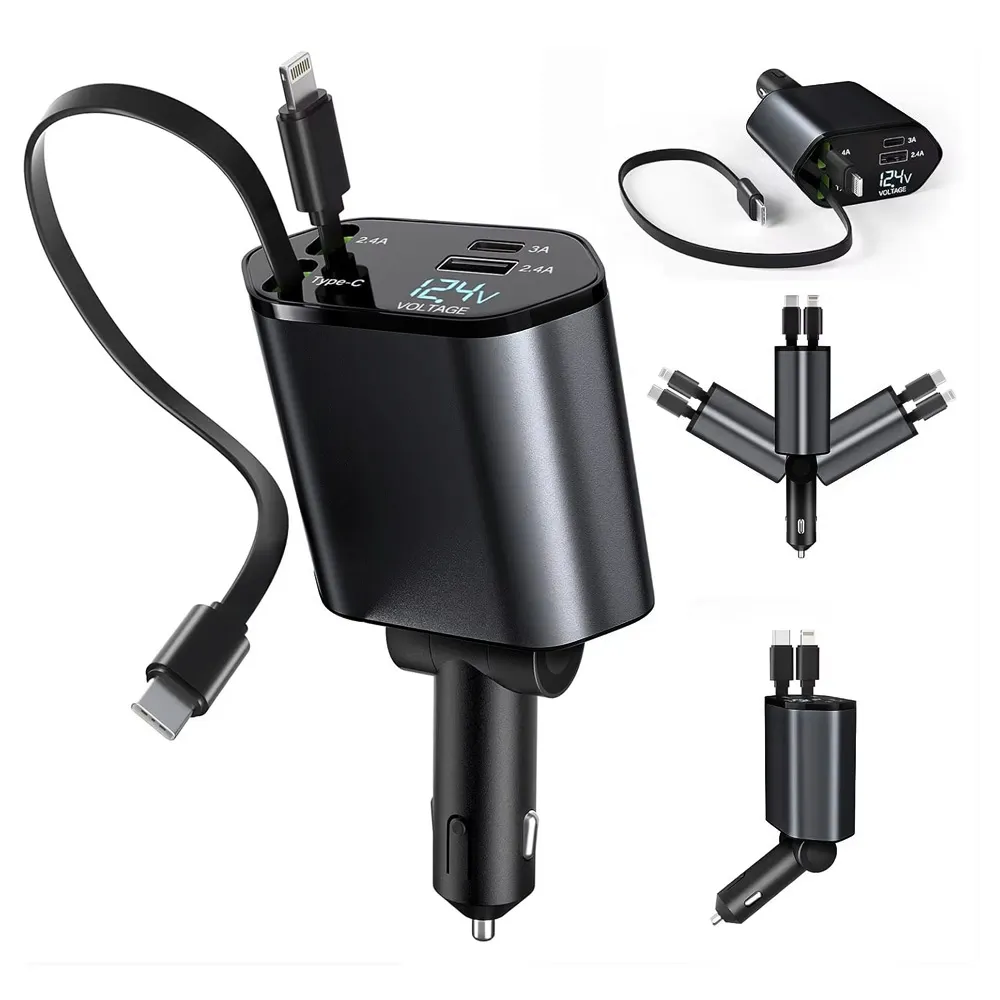 Auto punjač C1 4u1 PD 3A/ USB 2.4A 120W (total) sa Type C/lightning kablom tamno sivi