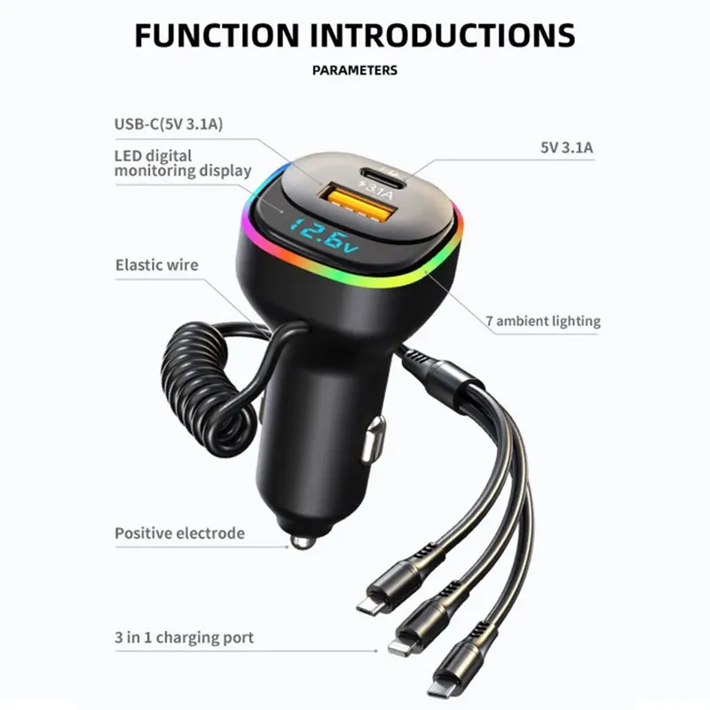 Auto punjač K2 RGB 3U1 USB PD36/ 65W/ 5V/ 3.1A crni