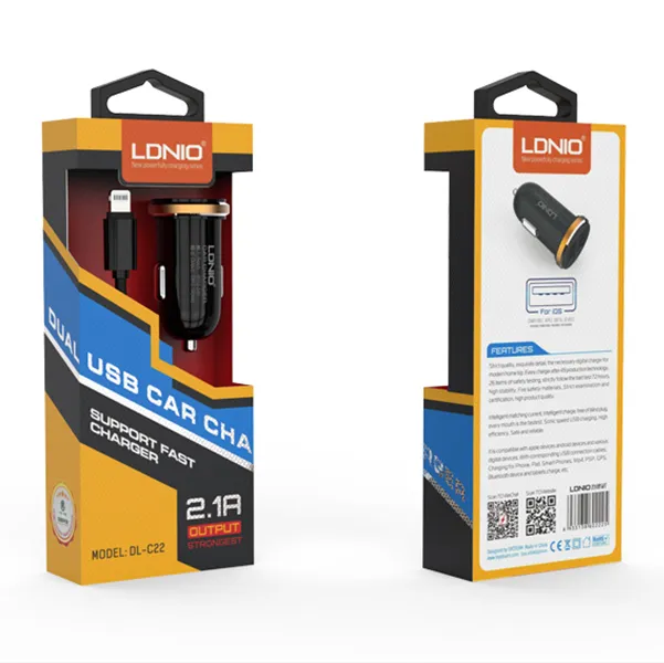 Auto punjač LDNIO DL-C22 dual USB 2.1A + iPhone Lightning kabel crni.