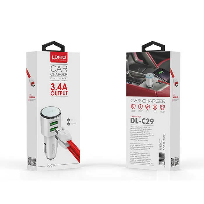 Auto punjač LDNIO DL-C29 dual USB 3.4A + Type-C kabel beli