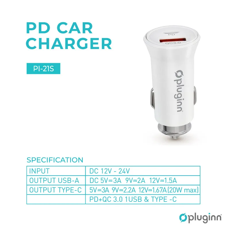 Auto punjač Pluginn PI-21S PD 20W QC 3.0 18W beli