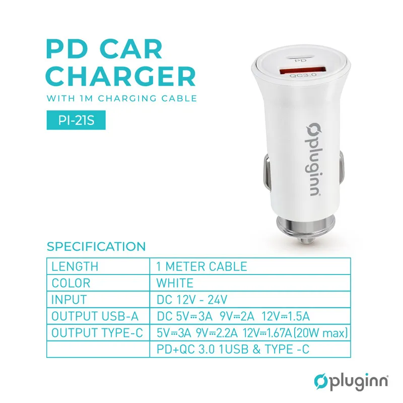 Auto punjač Pluginn PI-21S PD 20W QC 3.0 18W sa PD Type-C na iPhone Lightning kabel