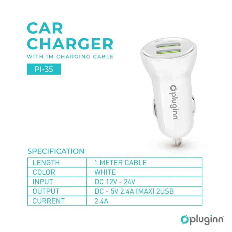 Auto punjač Pluginn PI-35 5V 2.4A 2xUSB sa iPhone Lightning kabel
