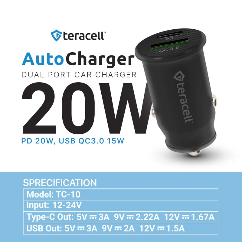 Auto punjač Teracell Evolution TC-10 PD 20W/ USB QC3.0 15W sa Lightning kablom crni